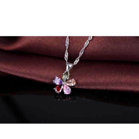 Cute Flower Multi Color 925 Sterling Silver Pendant Earrings And Necklace Set - Picture 3 of 9